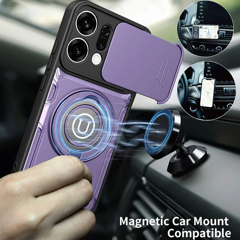 Capa para Oppo Reno14 5G (Global) com Tampa de Câmara Deslizante, Anel Suporte, Capa para Telemóvel PC + TPU - Roxo