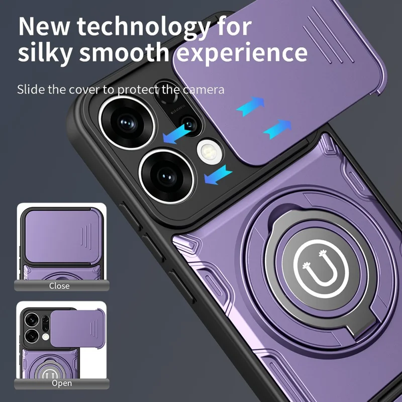 Capa para Oppo Reno14 5G (Global) com Tampa de Câmara Deslizante, Anel Suporte, Capa para Telemóvel PC + TPU - Roxo