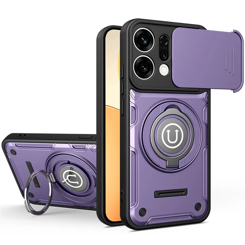 Capa para Oppo Reno14 Pro 5G (Global) com Tampa de Câmara Deslizante, Suporte com Anel Giratório, Capa para Telemóvel em PC + TPU - Roxo