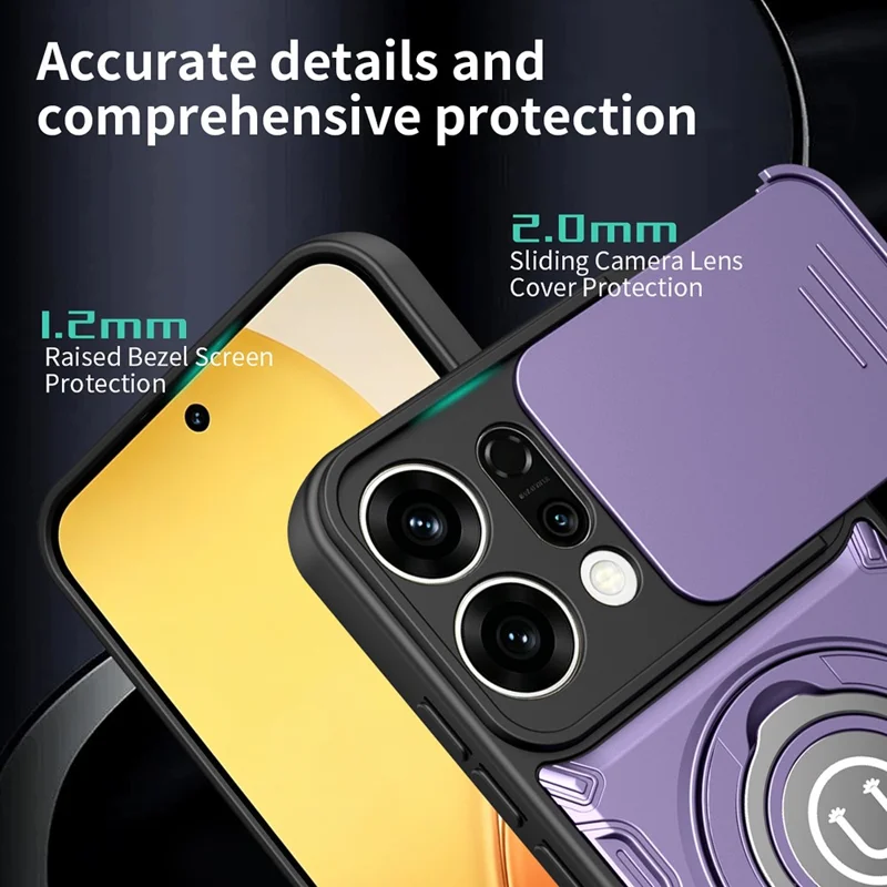 Capa para Oppo Reno14 Pro 5G (Global) com Tampa de Câmara Deslizante, Suporte com Anel Giratório, Capa para Telemóvel em PC + TPU - Roxo