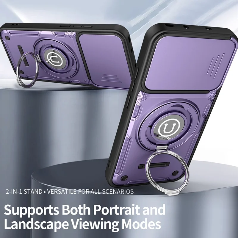 Capa para Oppo Reno14 Pro 5G (Global) com Tampa de Câmara Deslizante, Suporte com Anel Giratório, Capa para Telemóvel em PC + TPU - Roxo