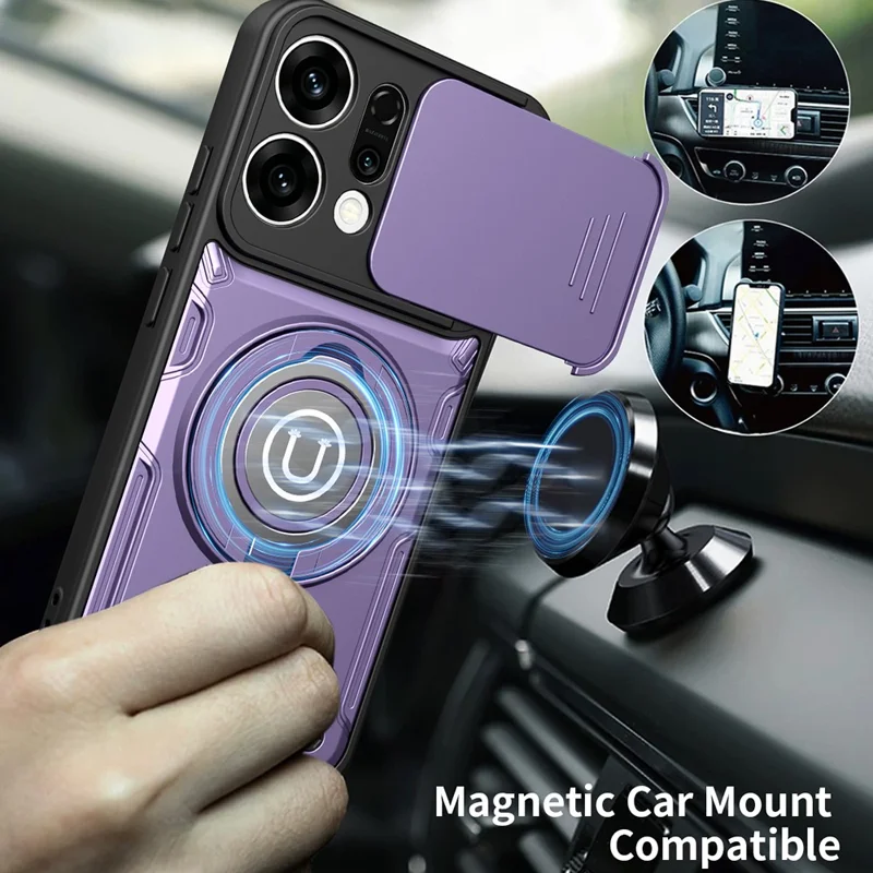 Capa para Oppo Reno14 Pro 5G (Global) com Tampa de Câmara Deslizante, Suporte com Anel Giratório, Capa para Telemóvel em PC + TPU - Roxo