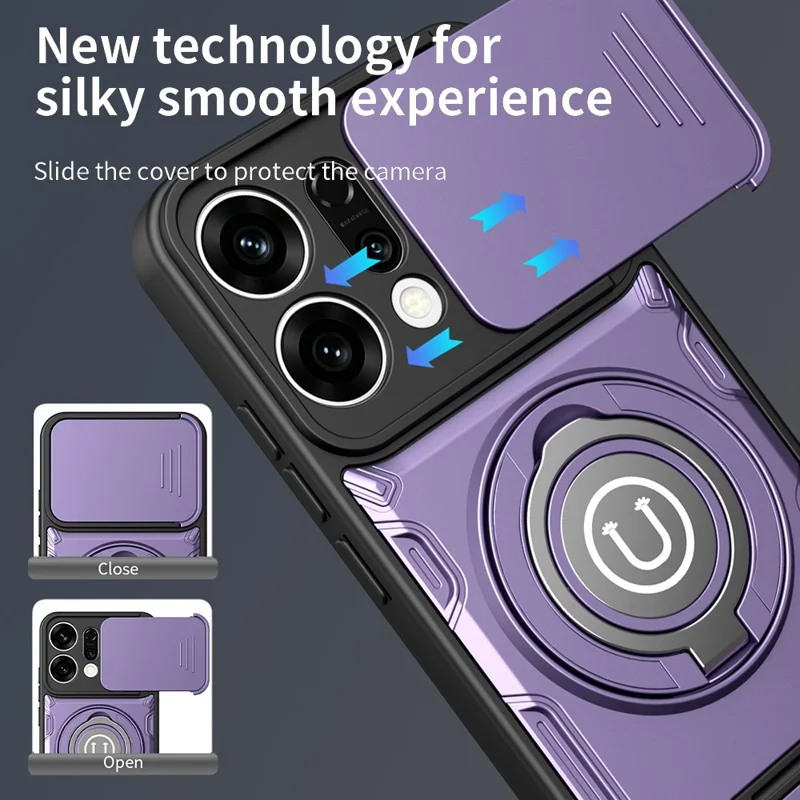 Capa para Oppo Reno14 Pro 5G (Global) com Tampa de Câmara Deslizante, Suporte com Anel Giratório, Capa para Telemóvel em PC + TPU - Roxo
