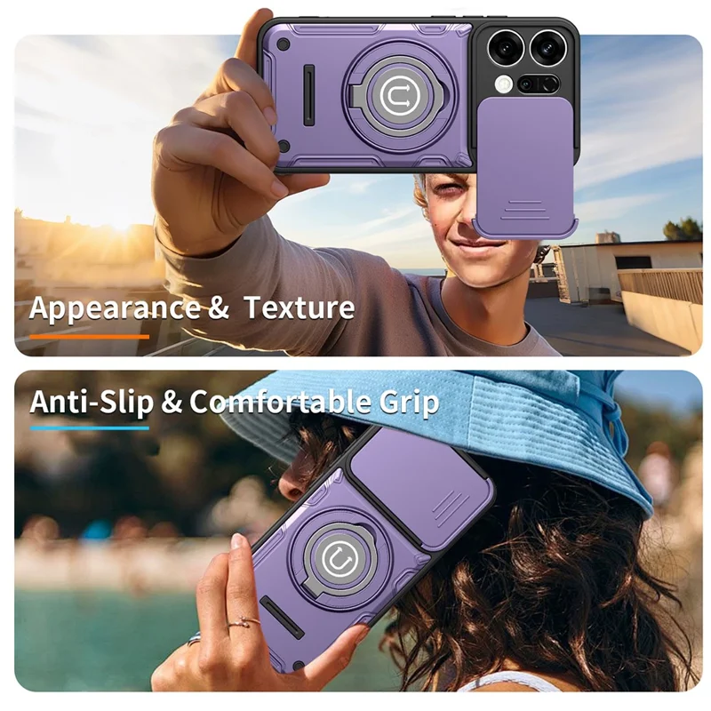 Capa para Oppo Reno14 Pro 5G (Global) com Tampa de Câmara Deslizante, Suporte com Anel Giratório, Capa para Telemóvel em PC + TPU - Roxo