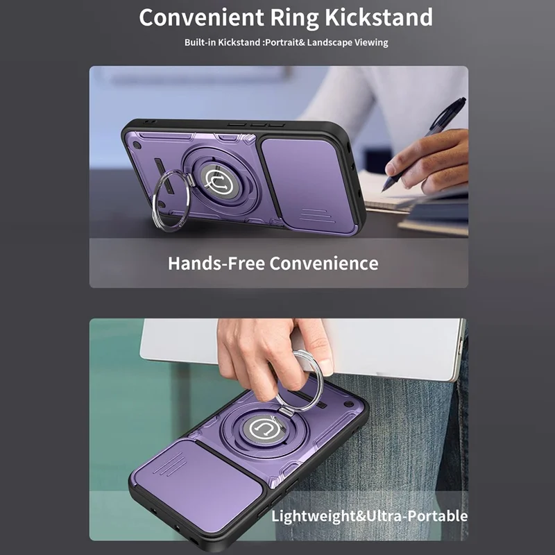 Capa para Oppo Reno14 Pro 5G (Global) com Tampa de Câmara Deslizante, Suporte com Anel Giratório, Capa para Telemóvel em PC + TPU - Roxo