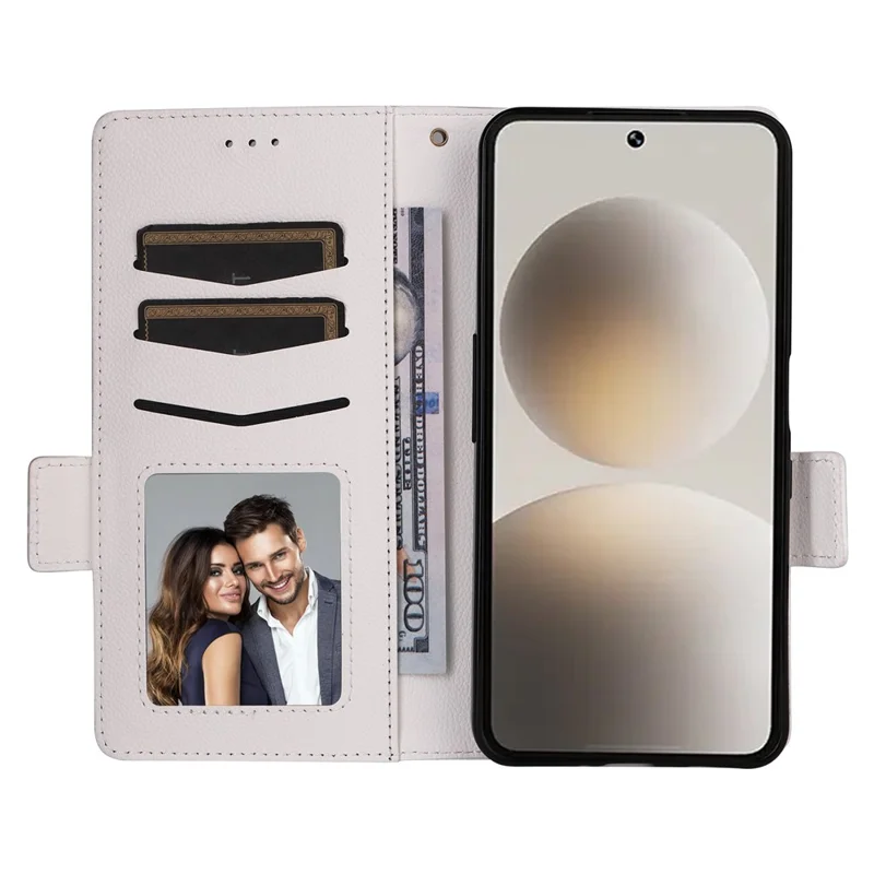 For SoftBank Natural AI Phone Case Litchi Texture Wallet Leather Phone Cover with Wrist Strap - White