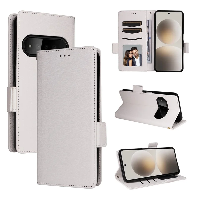 For SoftBank Natural AI Phone Case Litchi Texture Wallet Leather Phone Cover with Wrist Strap - White