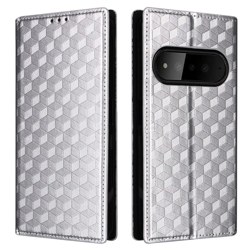 For SoftBank Natural AI Phone Case Wallet Rhombus Imprinted PU Leather Phone Cover - Silver
