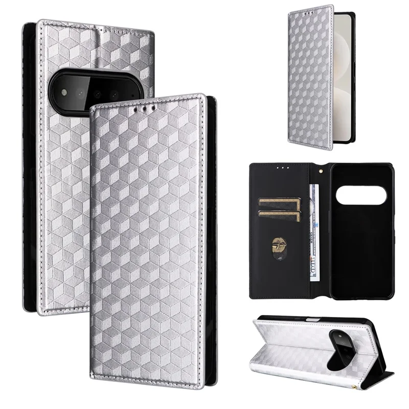 For SoftBank Natural AI Phone Case Wallet Rhombus Imprinted PU Leather Phone Cover - Silver