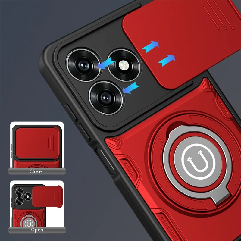For Honor X5c Plus 4G / X5c 4G Case with Slide Camera Cover Ring Kickstand PC + TPU Phone Shell - Red
