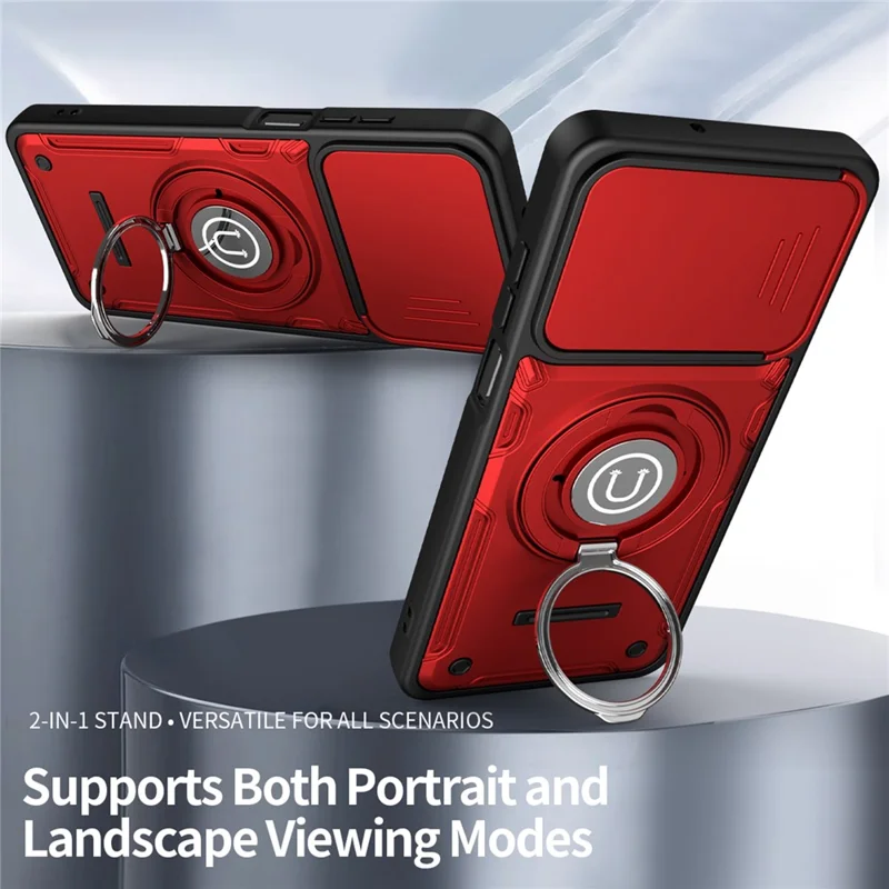 For Honor X5c Plus 4G / X5c 4G Case with Slide Camera Cover Ring Kickstand PC + TPU Phone Shell - Red