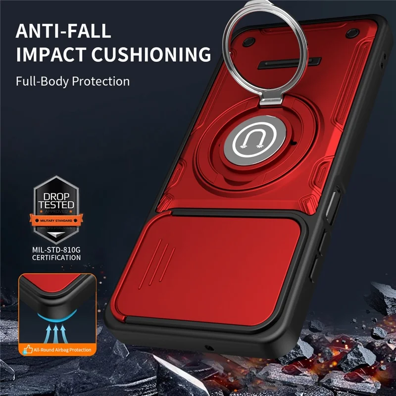 For Honor X5c Plus 4G / X5c 4G Case with Slide Camera Cover Ring Kickstand PC + TPU Phone Shell - Red