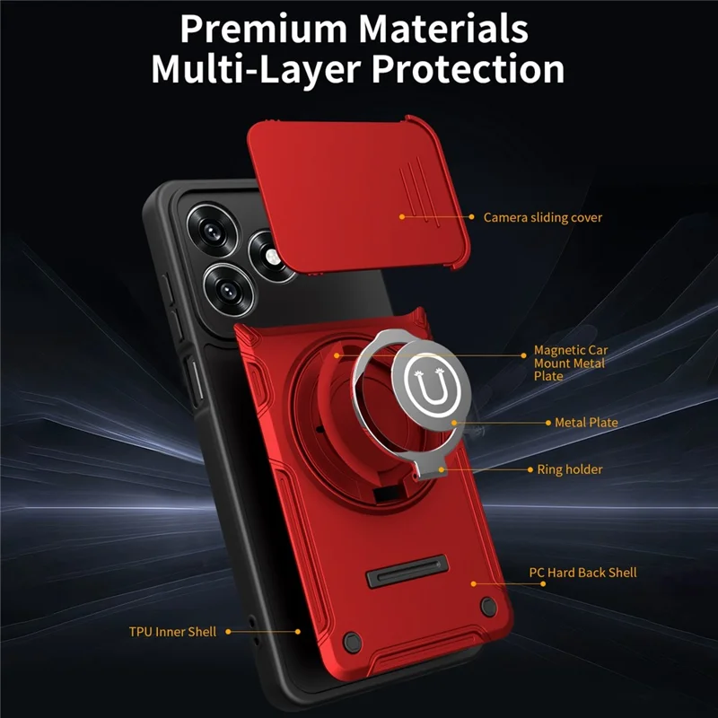 For Honor X5c Plus 4G / X5c 4G Case with Slide Camera Cover Ring Kickstand PC + TPU Phone Shell - Red