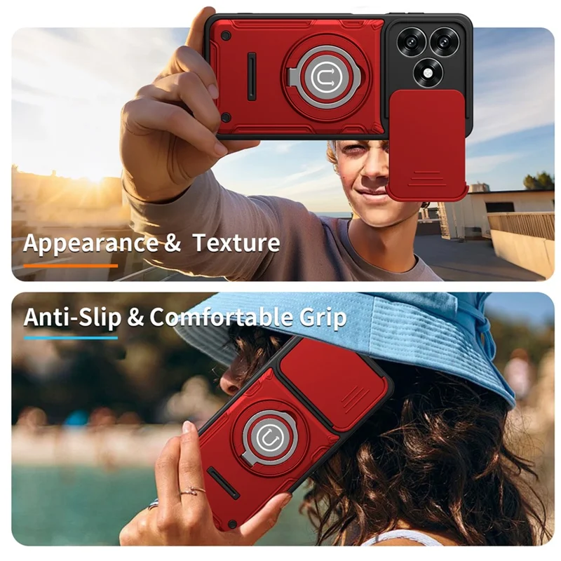 For Honor X5c Plus 4G / X5c 4G Case with Slide Camera Cover Ring Kickstand PC + TPU Phone Shell - Red