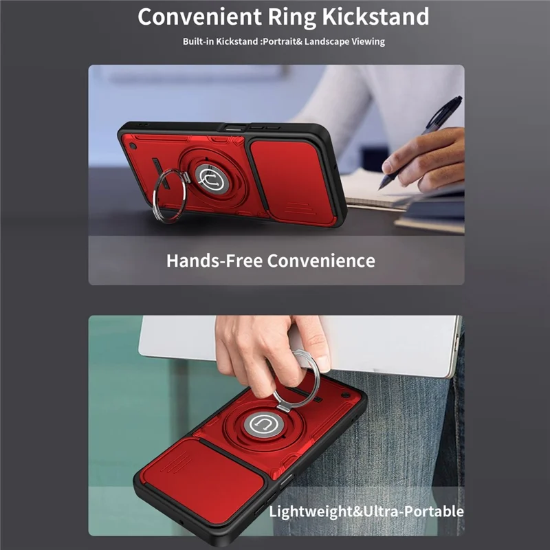 For Honor X5c Plus 4G / X5c 4G Case with Slide Camera Cover Ring Kickstand PC + TPU Phone Shell - Red