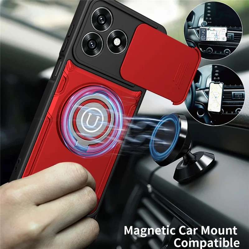 For Honor X5c Plus 4G / X5c 4G Case with Slide Camera Cover Ring Kickstand PC + TPU Phone Shell - Red