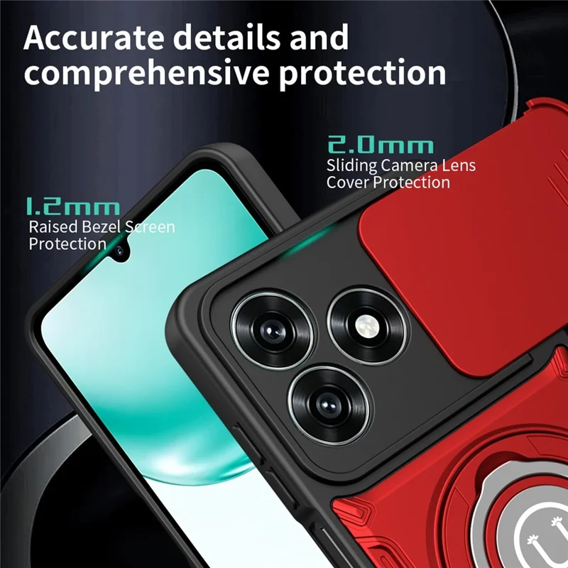 For Honor X5c Plus 4G / X5c 4G Case with Slide Camera Cover Ring Kickstand PC + TPU Phone Shell - Red