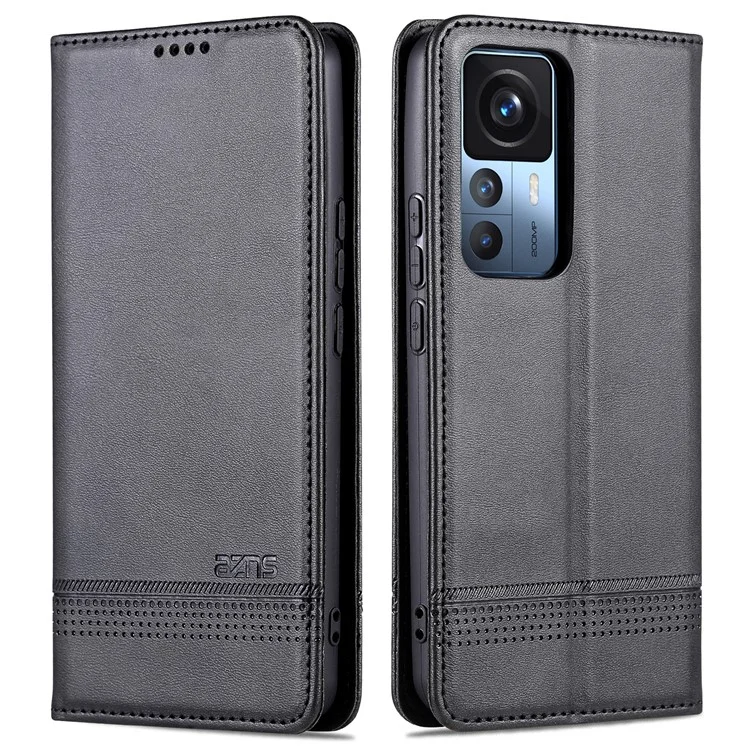 Case de Teléfono de Cuero Azns pu Para Xiaomi Redmi K50 Ultra 5G / 12T 5G / 12T Pro 5G Folio Flip Cobre de Vaca Textura Cubierta Protectora de Cierre Magnético Case de Billetera - Negro