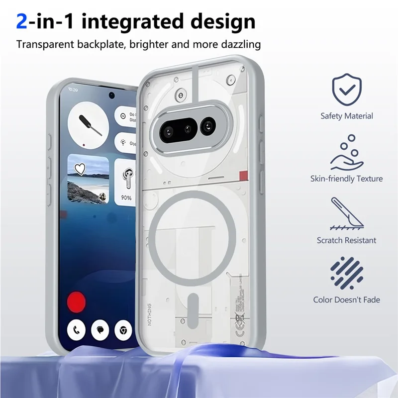 Für Nothing Phone (3a) Magnetische Hülle Transparente PC + TPU Stoßfeste, Hautfreundliche Handyhülle - Grau