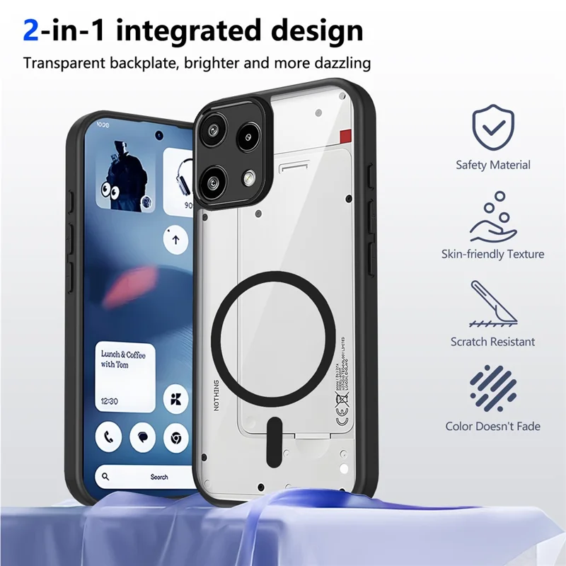 Für Nothing Phone (3a) Lite 5G Magnetische Hülle Transparente PC + TPU Stoßfeste Hautfreundliche Handyhülle - Schwarz