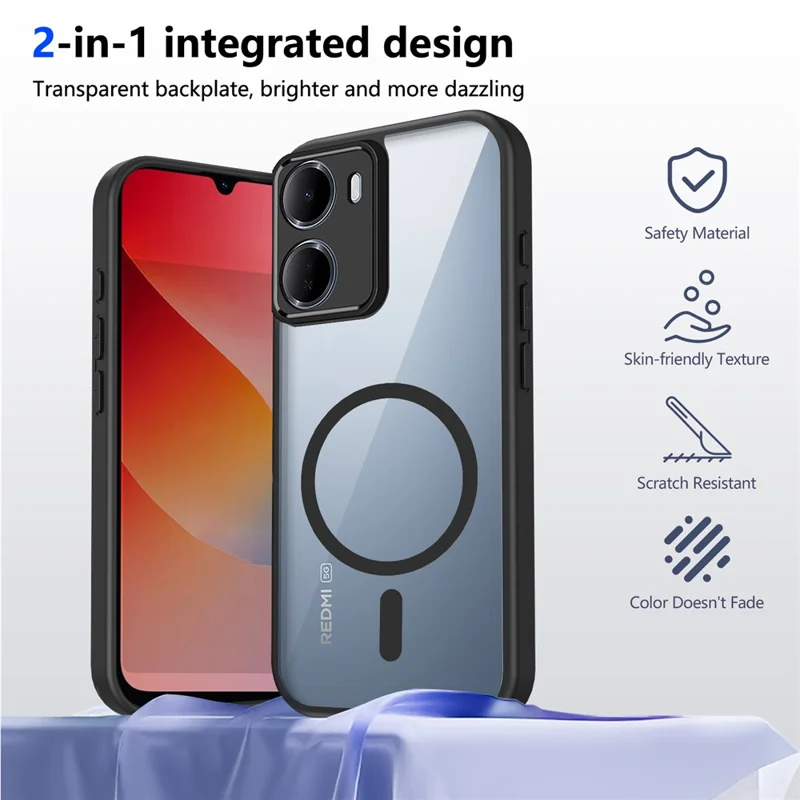 For Xiaomi Redmi 15a 5G Magnetic Case Transparent PC + TPU Shockproof Skin-friendly Phone Cover - Black