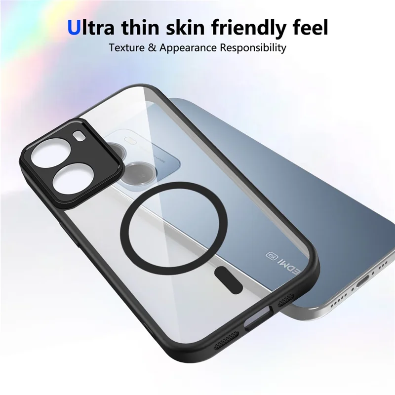 For Xiaomi Redmi 15a 5G Magnetic Case Transparent PC + TPU Shockproof Skin-friendly Phone Cover - Black