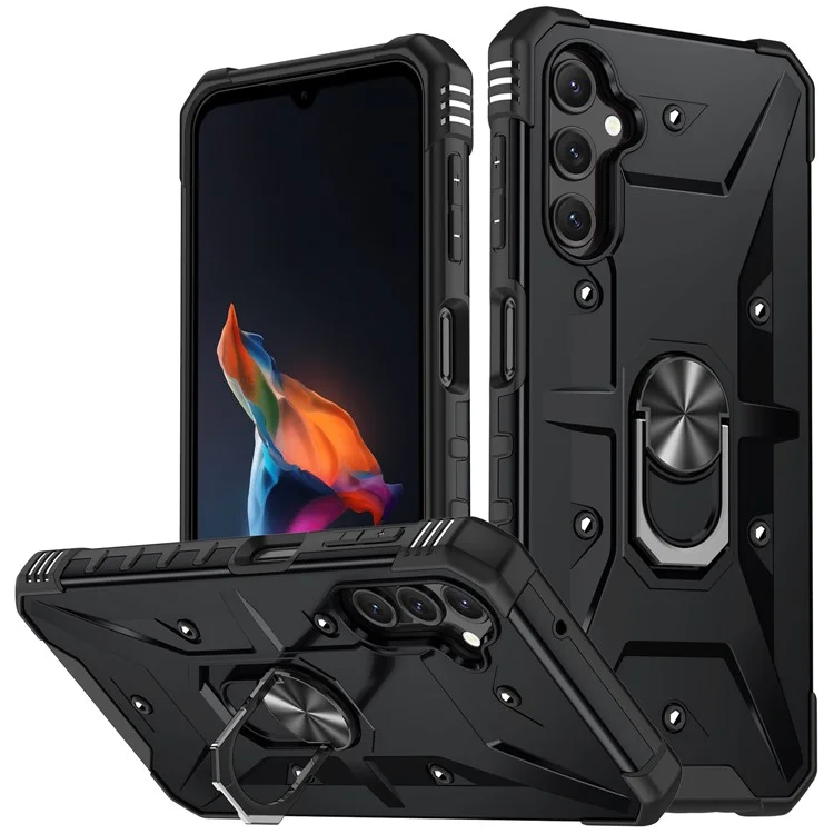 For Samsung Galaxy A14 5G / A14 4G Anti-fall Ring Car Mount Kickstand Phone Case Hard PC Soft TPU Hybrid Military-Grade Shockproof Cover - Black