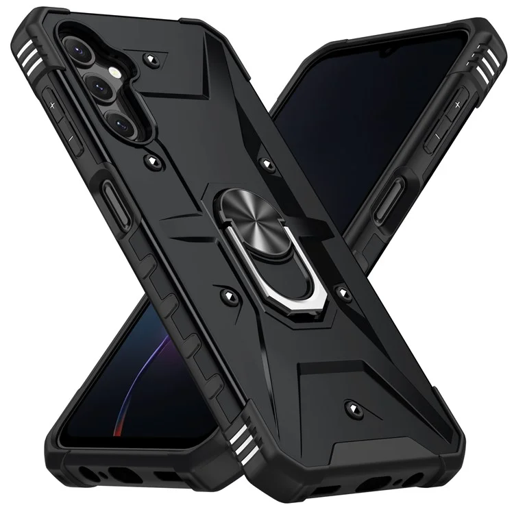 For Samsung Galaxy A14 5G / A14 4G Anti-fall Ring Car Mount Kickstand Phone Case Hard PC Soft TPU Hybrid Military-Grade Shockproof Cover - Black