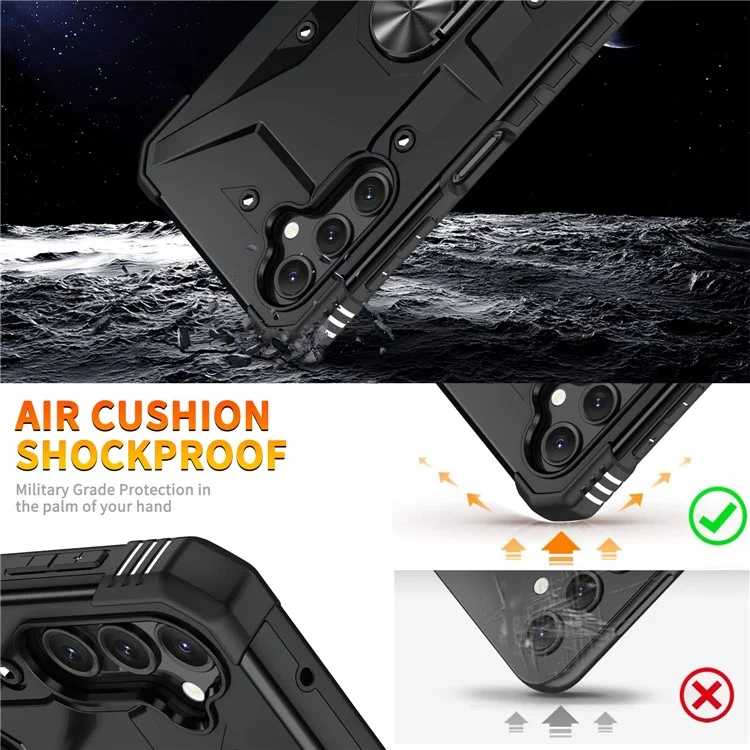 For Samsung Galaxy A14 5G / A14 4G Anti-fall Ring Car Mount Kickstand Phone Case Hard PC Soft TPU Hybrid Military-Grade Shockproof Cover - Black