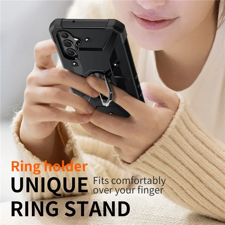 For Samsung Galaxy A14 5G / A14 4G Anti-fall Ring Car Mount Kickstand Phone Case Hard PC Soft TPU Hybrid Military-Grade Shockproof Cover - Black