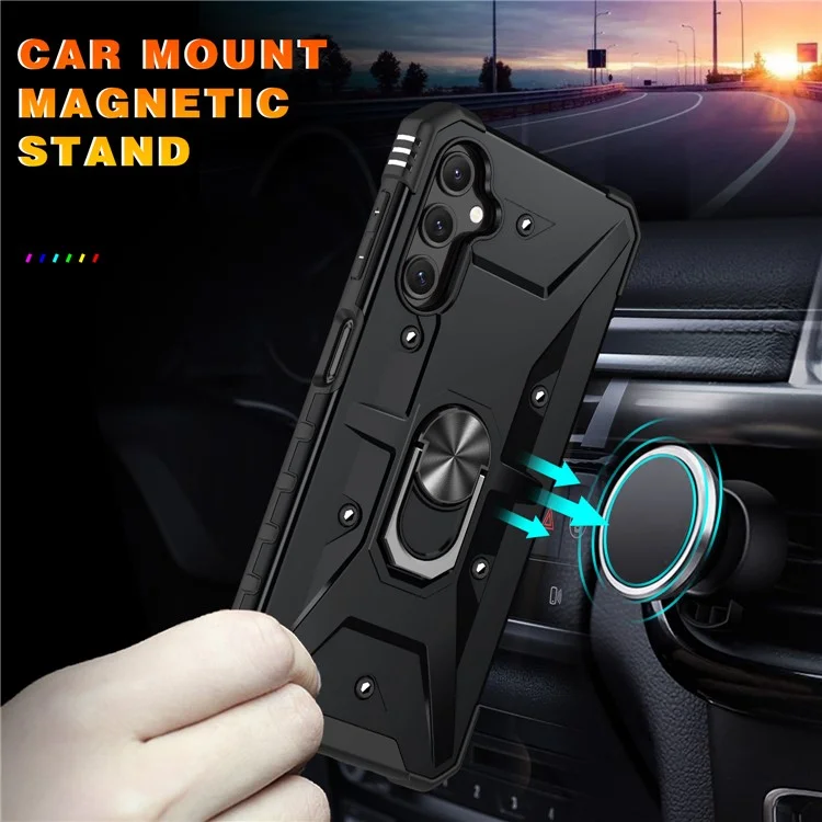 For Samsung Galaxy A14 5G / A14 4G Anti-fall Ring Car Mount Kickstand Phone Case Hard PC Soft TPU Hybrid Military-Grade Shockproof Cover - Black