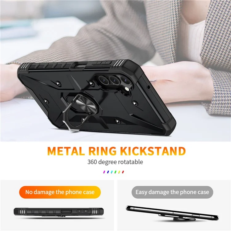 For Samsung Galaxy A14 5G / A14 4G Anti-fall Ring Car Mount Kickstand Phone Case Hard PC Soft TPU Hybrid Military-Grade Shockproof Cover - Black