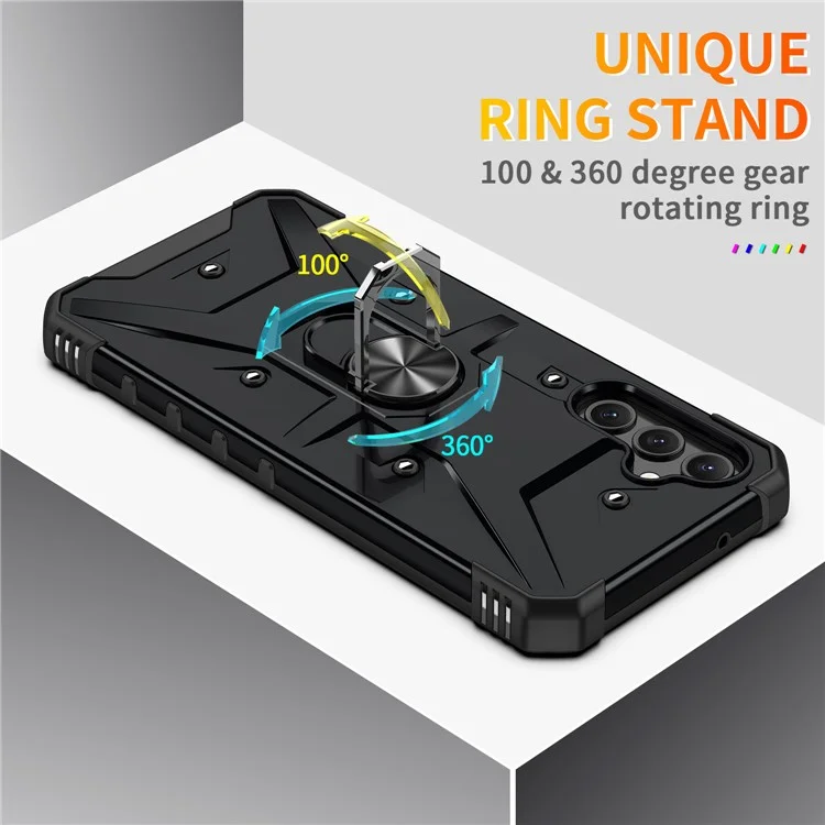 For Samsung Galaxy A14 5G / A14 4G Anti-fall Ring Car Mount Kickstand Phone Case Hard PC Soft TPU Hybrid Military-Grade Shockproof Cover - Black