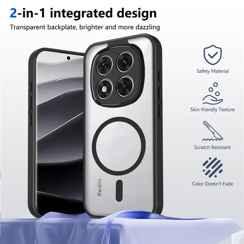 For Xiaomi Redmi Note 15 Pro 4G (Global) Magnetic Case Transparent PC + TPU Shockproof Skin-friendly Phone Cover - Black