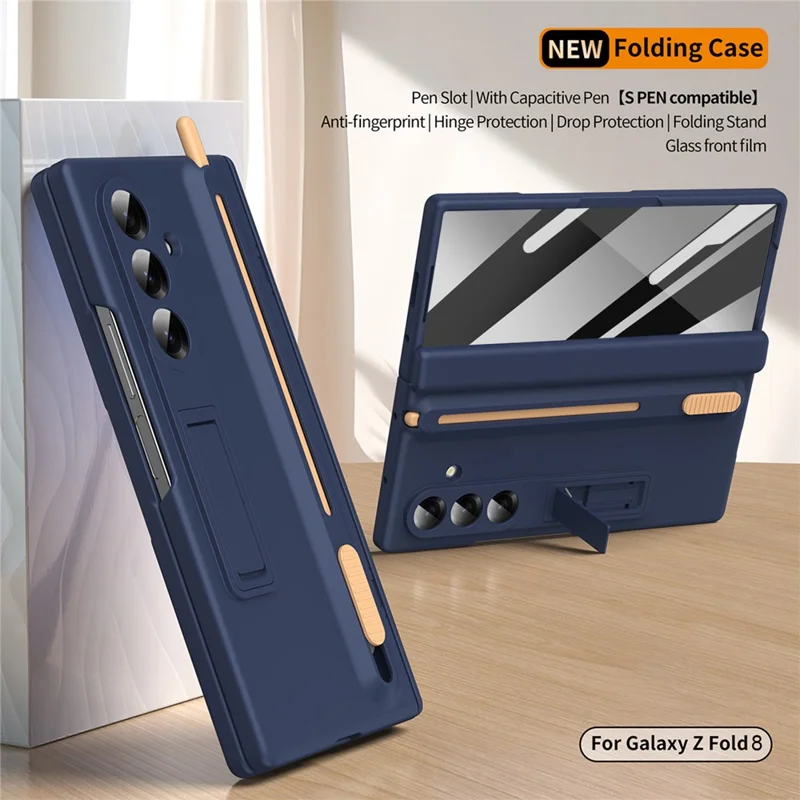 Cover per Samsung Galaxy Z Fold8 con Supporto, Protezione per Cardini, Cover in PC con Pellicola Protettiva e Penna Stilo Telescopica - Zaffiro