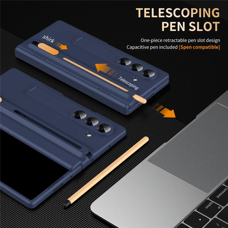 Cover per Samsung Galaxy Z Fold8 con Supporto, Protezione per Cardini, Cover in PC con Pellicola Protettiva e Penna Stilo Telescopica - Zaffiro
