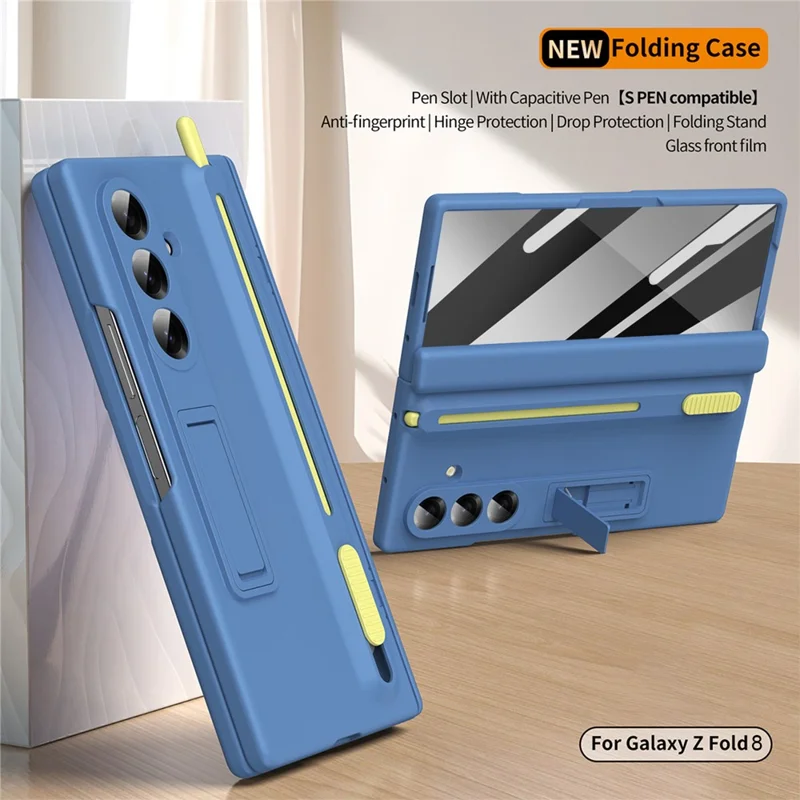 For Samsung Galaxy Z Fold8 Kickstand Phone Case with Tempered Glass Screen Protector and Stylus Pen - Sky Blue