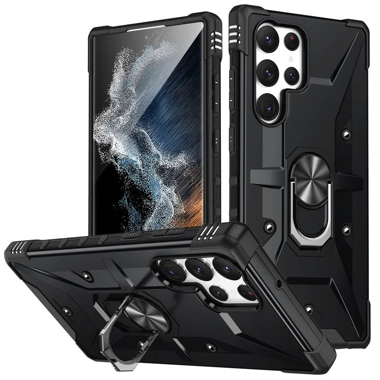 Per Samsung Galaxy S23 Ultra Ring Car Mount Kickstand Phone Case Collision Resistant Hard PC Soft TPU Hybrid Military-Grade Shockproof Cover - Nero
