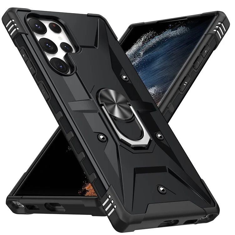 Per Samsung Galaxy S23 Ultra Ring Car Mount Kickstand Phone Case Collision Resistant Hard PC Soft TPU Hybrid Military-Grade Shockproof Cover - Nero