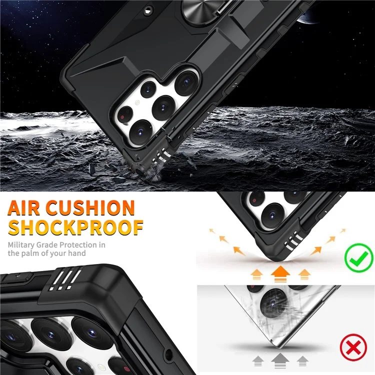Per Samsung Galaxy S23 Ultra Ring Car Mount Kickstand Phone Case Collision Resistant Hard PC Soft TPU Hybrid Military-Grade Shockproof Cover - Nero