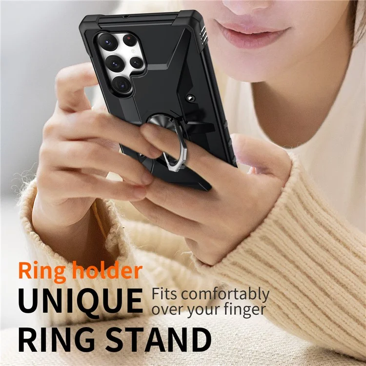 Per Samsung Galaxy S23 Ultra Ring Car Mount Kickstand Phone Case Collision Resistant Hard PC Soft TPU Hybrid Military-Grade Shockproof Cover - Nero