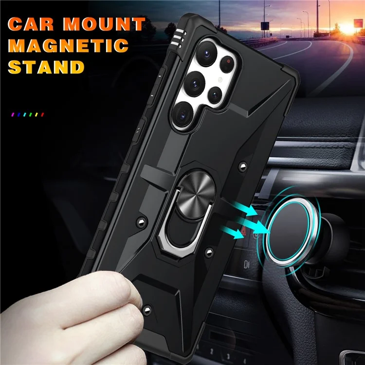 Per Samsung Galaxy S23 Ultra Ring Car Mount Kickstand Phone Case Collision Resistant Hard PC Soft TPU Hybrid Military-Grade Shockproof Cover - Nero