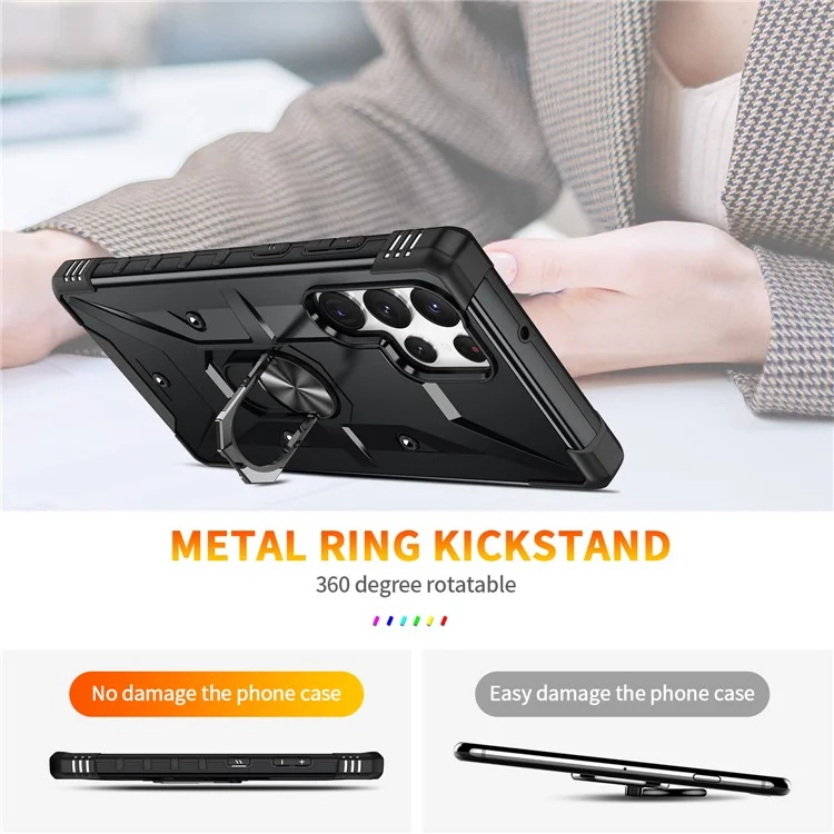 Per Samsung Galaxy S23 Ultra Ring Car Mount Kickstand Phone Case Collision Resistant Hard PC Soft TPU Hybrid Military-Grade Shockproof Cover - Nero