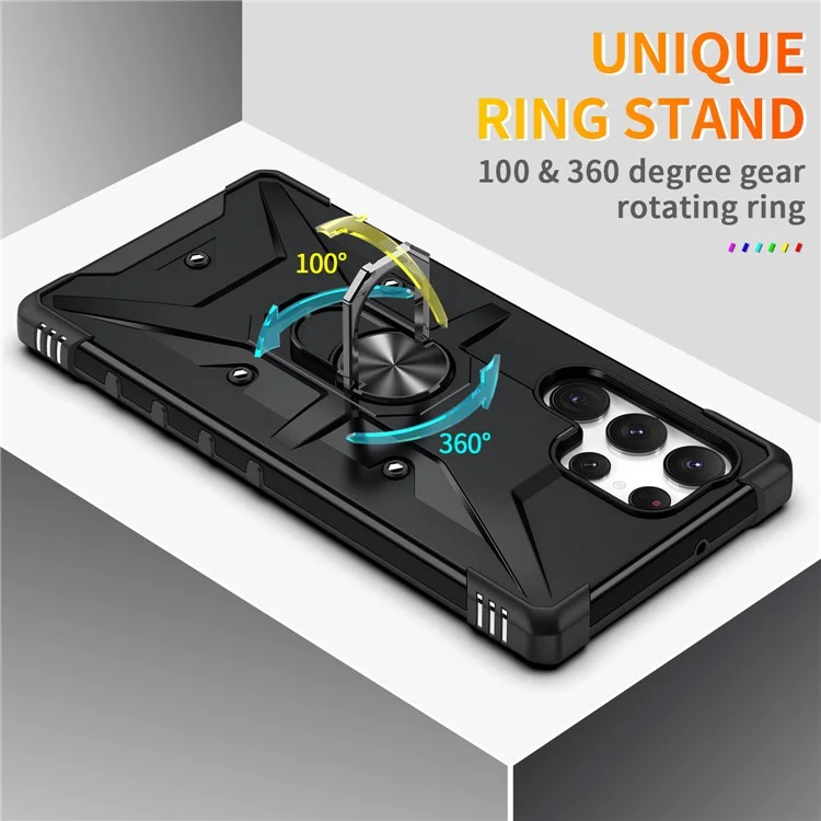 Per Samsung Galaxy S23 Ultra Ring Car Mount Kickstand Phone Case Collision Resistant Hard PC Soft TPU Hybrid Military-Grade Shockproof Cover - Nero