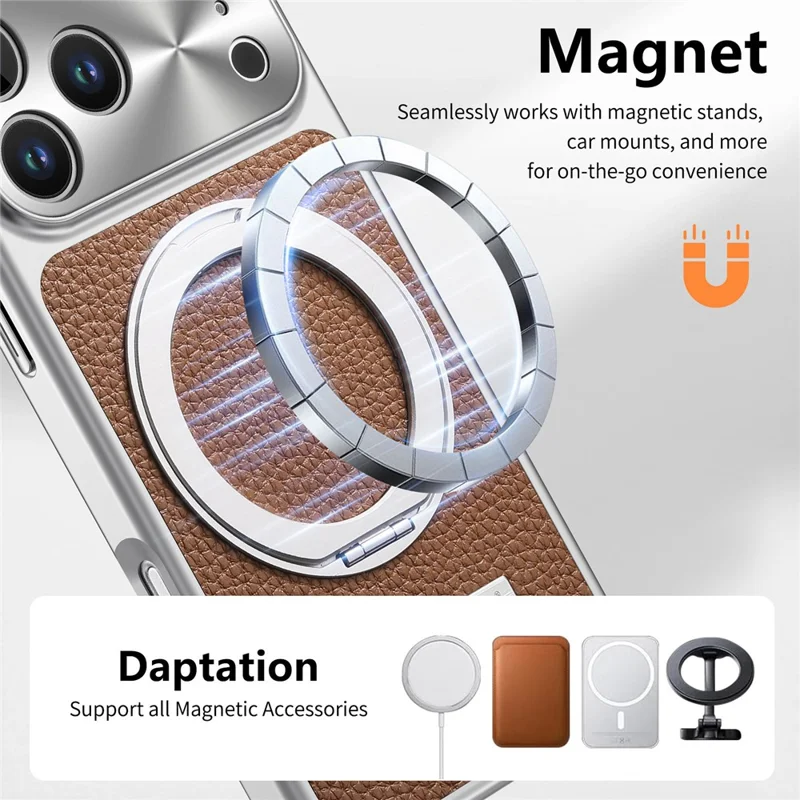 Magnetisk skärm för iPhone 17 Pro med ställfot TPU+PC+PU läder Litchi-textyr telefonbaksida - Brun