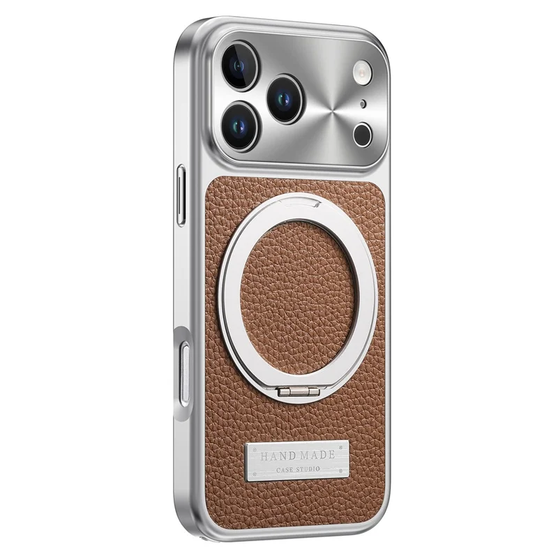 Magnetisk skärm för iPhone 17 Pro med ställfot TPU+PC+PU läder Litchi-textyr telefonbaksida - Brun
