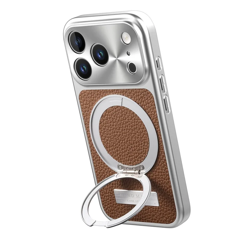 Magnetisk skärm för iPhone 17 Pro med ställfot TPU+PC+PU läder Litchi-textyr telefonbaksida - Brun