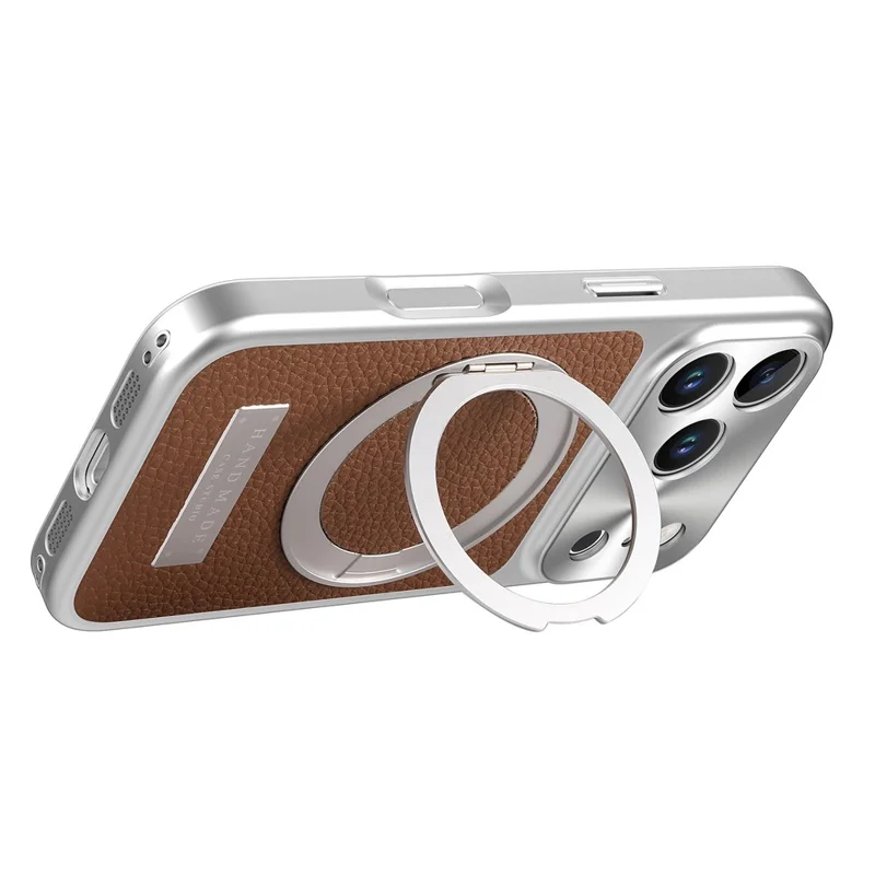Magnetisk skärm för iPhone 17 Pro med ställfot TPU+PC+PU läder Litchi-textyr telefonbaksida - Brun