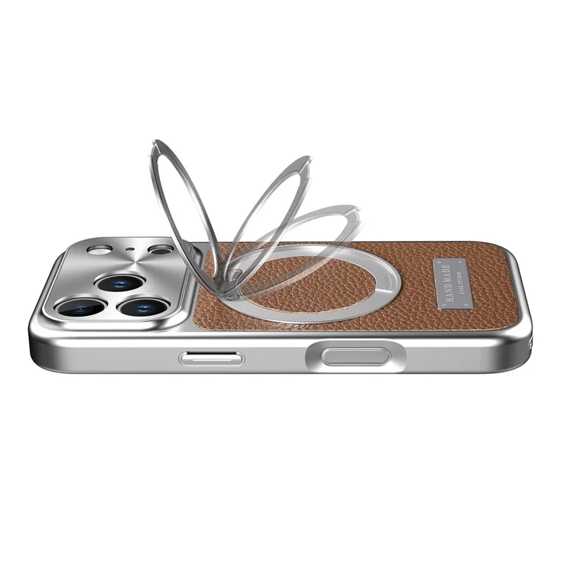 Magnetisk skärm för iPhone 17 Pro med ställfot TPU+PC+PU läder Litchi-textyr telefonbaksida - Brun