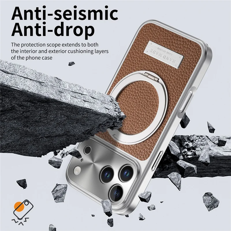 Magnetisk skärm för iPhone 17 Pro med ställfot TPU+PC+PU läder Litchi-textyr telefonbaksida - Brun